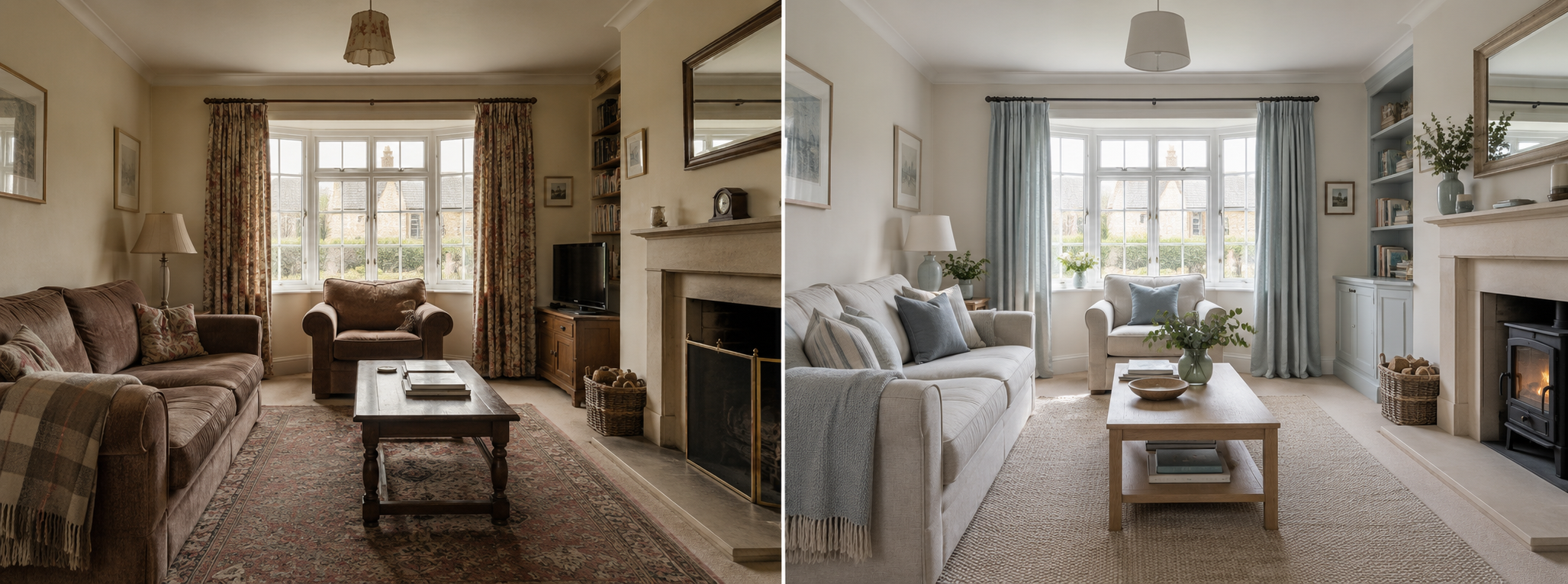 The same Cotswolds living room before and after a sensitive refurbishment